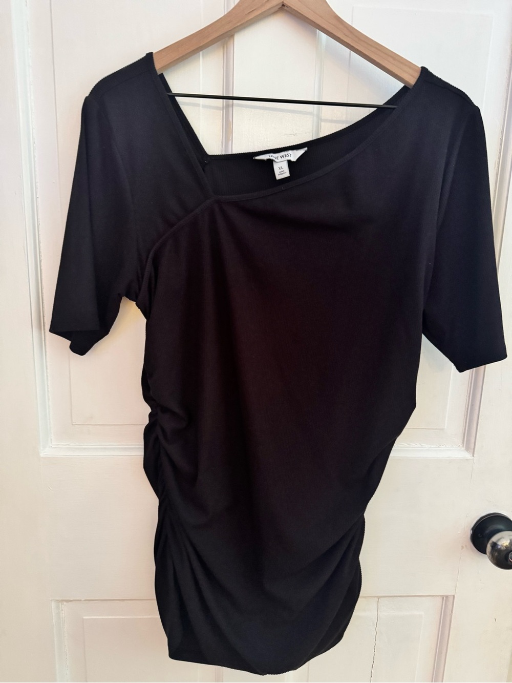 Nine West Black Ribbed Asymmetrical neckline Stretch Top with Side Ruching, XL